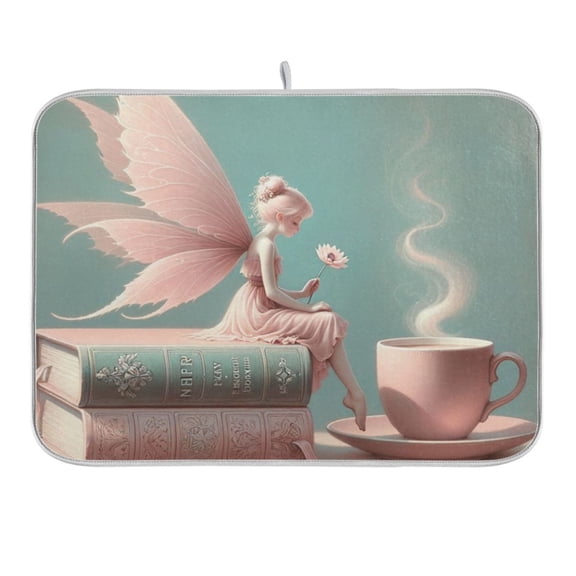 Fairy on Book with Coffee Dish Drying Mat 16x18 Absorbent Microfiber Draining Rack Pad for Kitchen Counter Sink