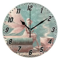 Fairy on Book with Coffee Round Wall Clock Battery Operated Silent Non-Ticking Bedroom Office Kitchen Home School Decor 10"(Black)