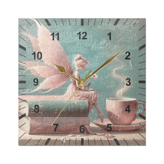 Fairy on Book with Coffee Wall Clock Battery Operated Silent Non-Ticking Bedroom Office Kitchen Home School Decor 7.8"(Gold)