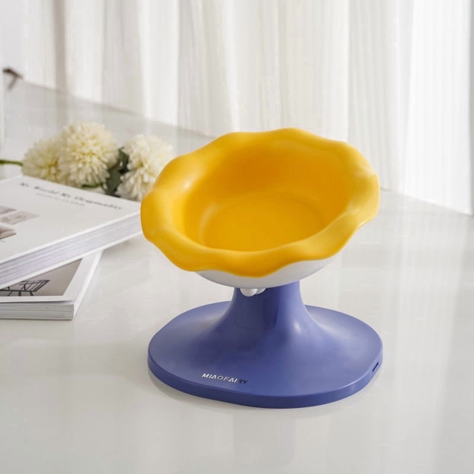 Fairela Adjustable Height Ceramics Food Bowl for Cats, Blue Flower