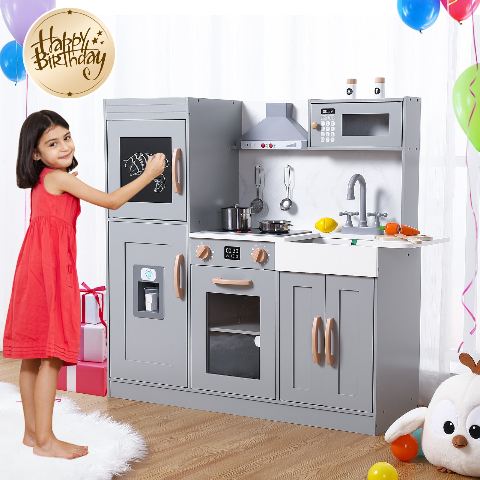 Qaba Corner Play Kitchen Set with Sound Effects and Tons of Countertop Space, Large Wooden Kitchen with Washing Machine, Food Toys, Ice Maker, Kids