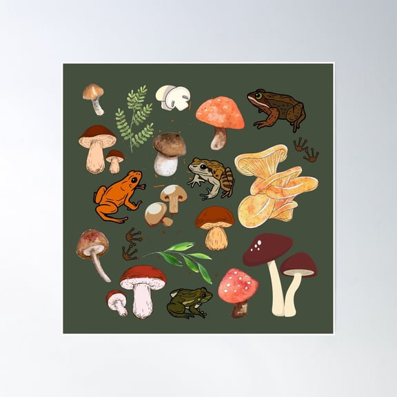 Fairycore & Cottagecore Frogs, Mushrooms, & Nature Collage Poster Wall Art, Modern Wall Decor, 16x16 UNFRAMED