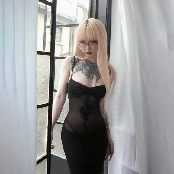 Fairycore Grunge Dress Women Gothic Coquette Snake Printed Mesh Patchwork Bodycon Dress Female