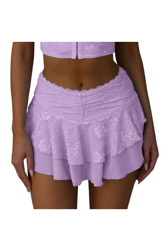 Fairycore Lace Mini Skirt For Women Low Waist Ruffled Layered Flowy Short E-Girl Streetwear Fashion
