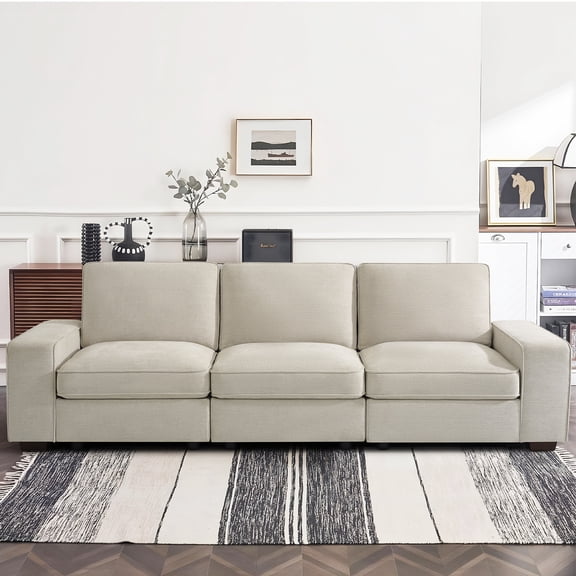 Fairyland 100" Modular Sofa with Seats Storage, Comfy 3-Seater Chenille Fabric Couch for Living Room, Office, Apart W/Deep Seat, USB Charging, Upholstered Couch with Removable Cover,Beige