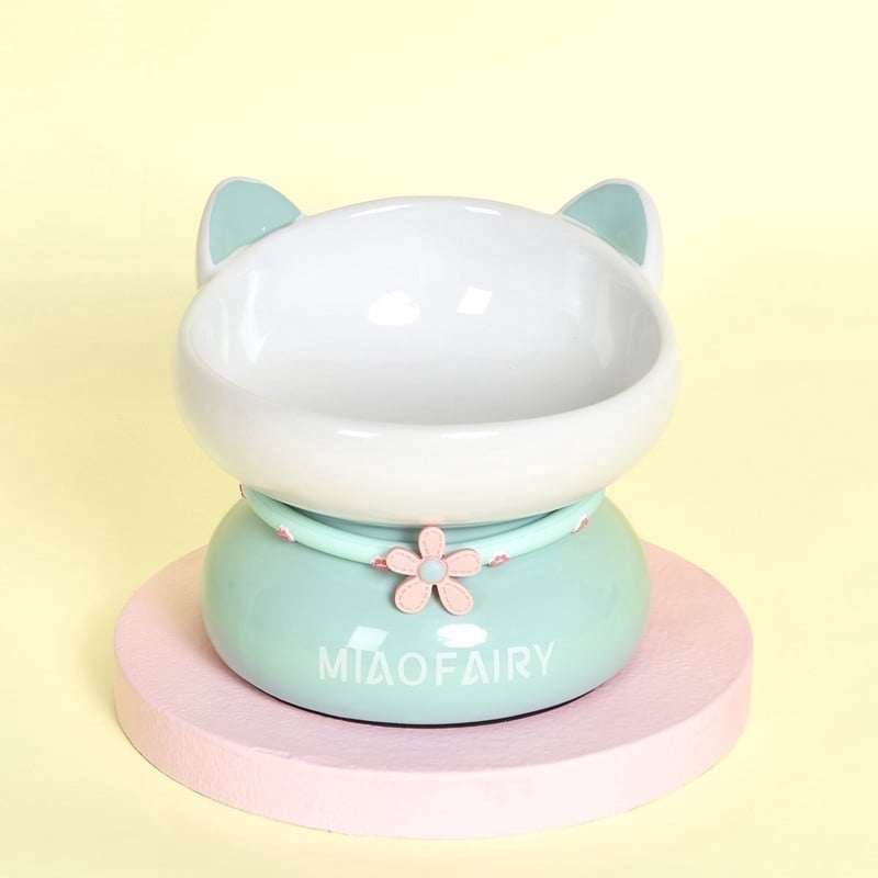 Fairela™ Elevated Ceramic Cat Bowl with Cute Ear Design - Anti-Slip Raised Stand Pet Food & Water Dish for Cats, Small Pets,Green