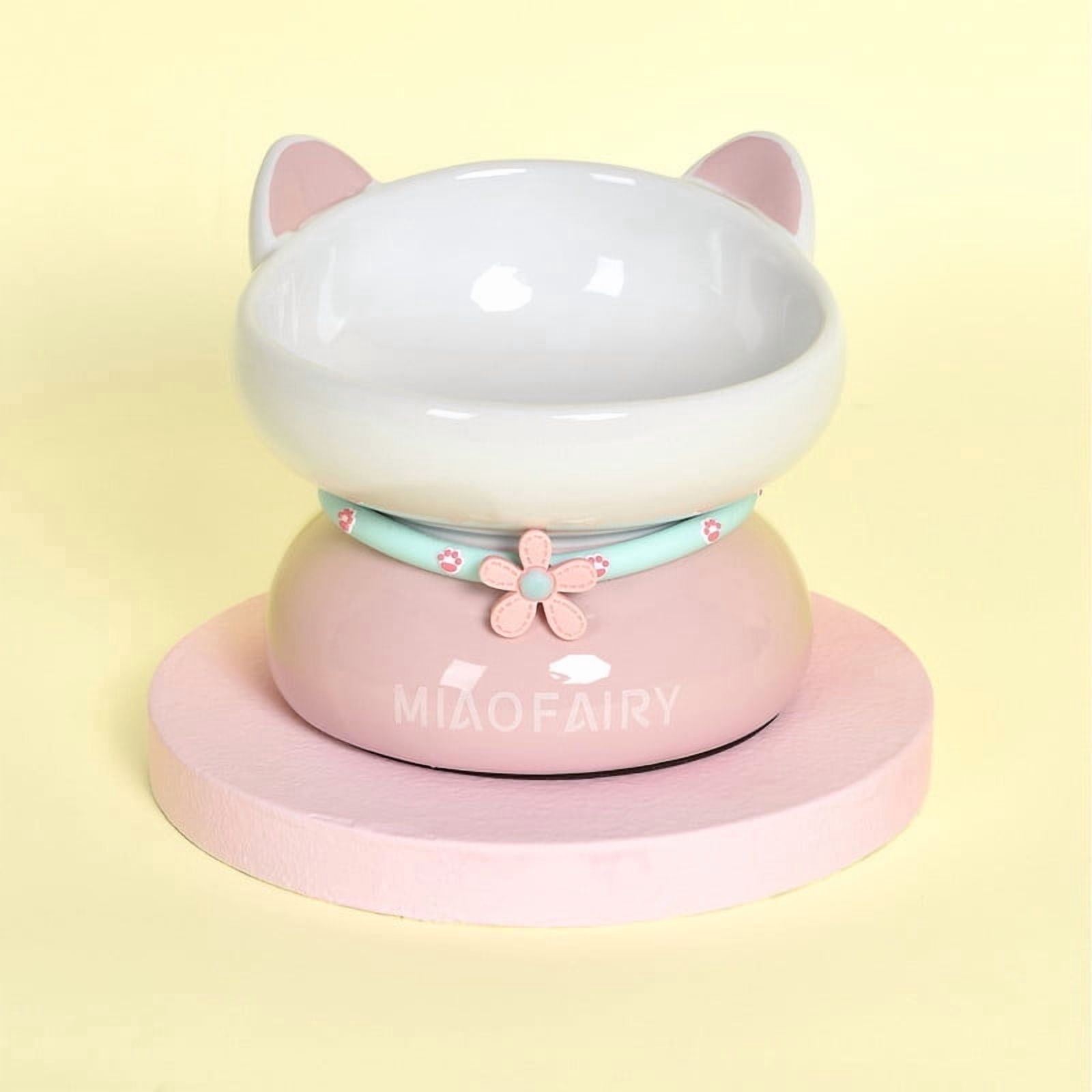 Fairela Elevated Ceramic Food and Water Bowl for Cats, Pink Cute Ear Design