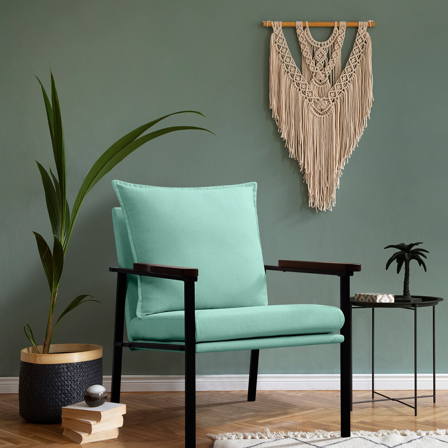 Fairyland Linen Fabric Modern Accent Chair with Metal Frame, Upholstered Club Chair, Clearance Arm Chair for Small Space and Office, Light Blue