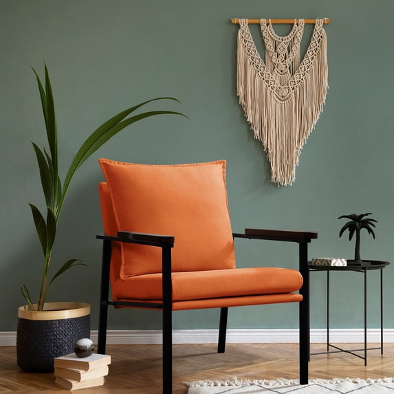 Fairyland Linen Fabric Modern Accent Chair with Metal Frame, Upholstered Club Chair, Clearance Arm Chair for Small Space and Office, Orange