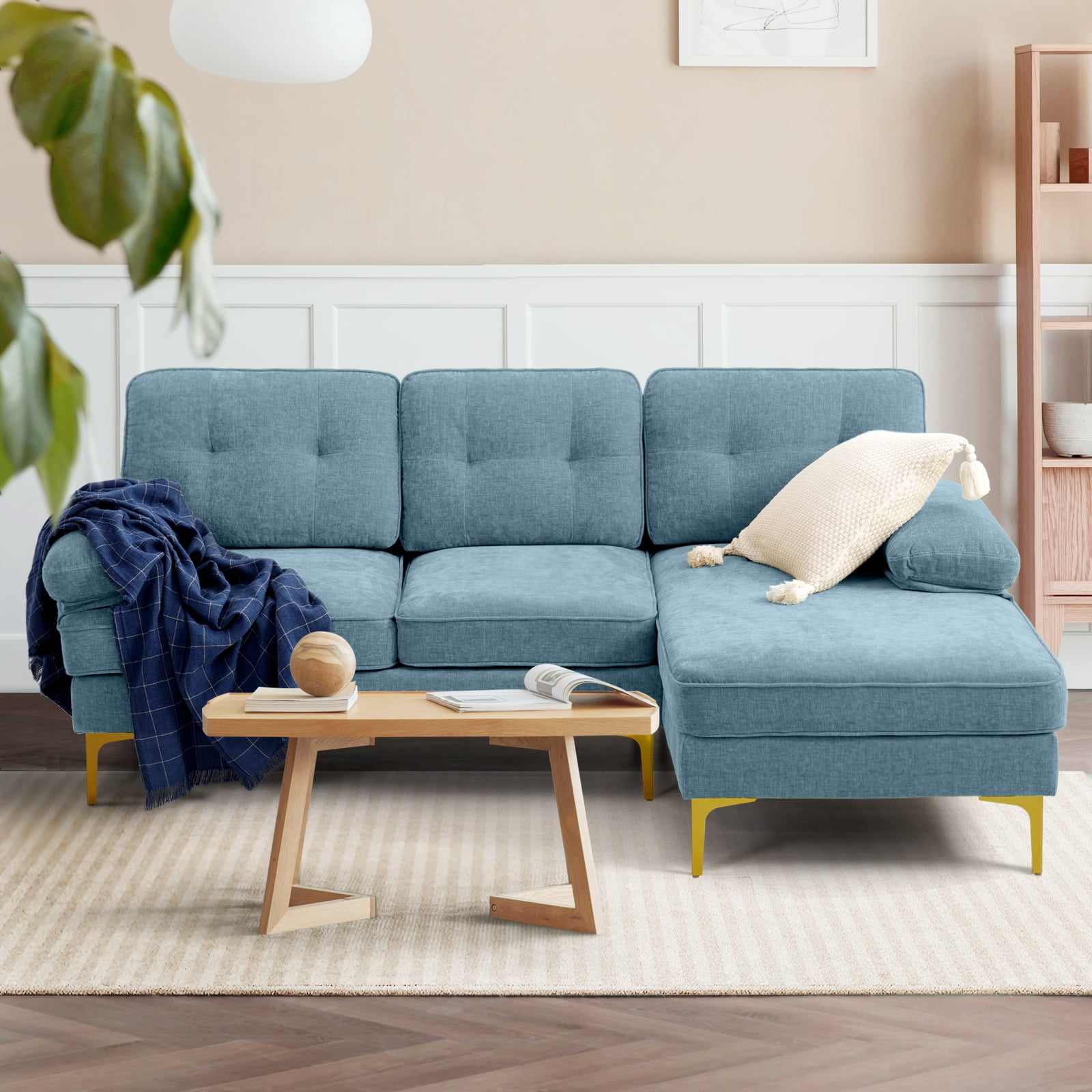 Fairyland Modern Luxury Sectional Sofa & Couch, Chenille Solid Wood Frame, Removable Machine Washable L-Shaped Sofa, Light Blue