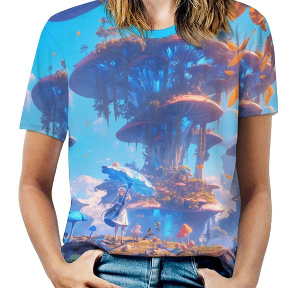 Fairyland Mushroom Fantasy Womens Tops Women's Fashion Casual Short Sleeve Flower Print Round Neck Pullover Top Blouse