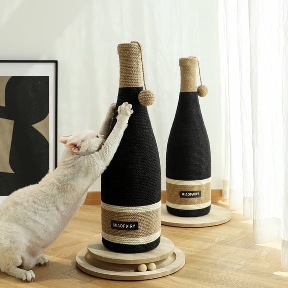 Fairela Wine Bottle Cat Scratching Post with Hanging Toy Ball & Rotating Base - 24.8" Tall Natural Sisal Rope Scratcher for Kittens & Adult Cats