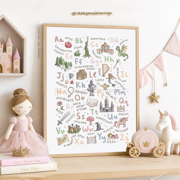 Fairytale Alphabet Print: Whimsical A-z Nursery Wall Art Poster Vintage Style, Poster Only