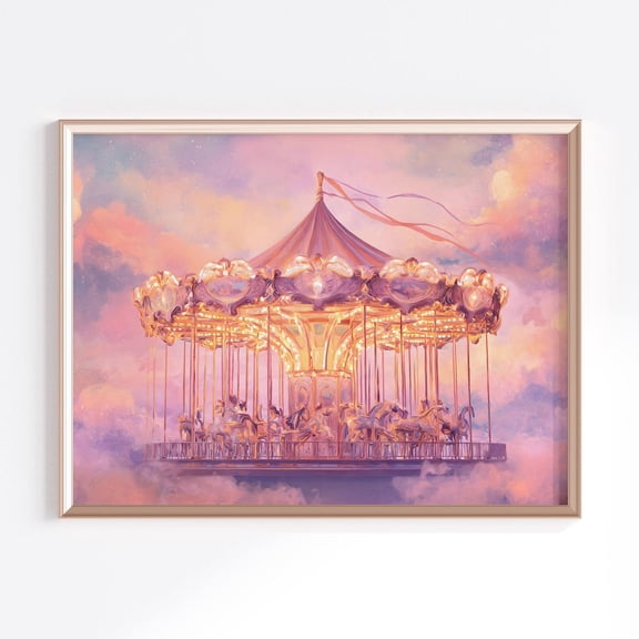 Fairytale Carousel Wall Art, Whimsical Pastel, Magical Nursery Decor Ride Art For Room Home Decor #1179, Unframed Poster Size 8x12