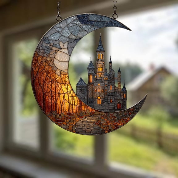 Fairytale Castle Acrylic Window Hanging - Crescent Moon Faux Stained Glass Suncatcher
