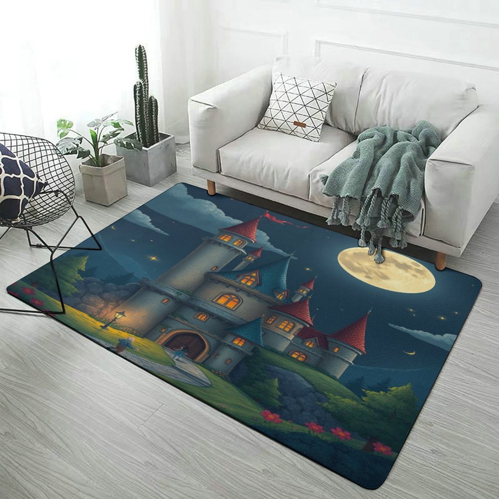 Knight Castle Rug Fairytale Castle Moonlit Night Carpet Large Size Living Room American ...