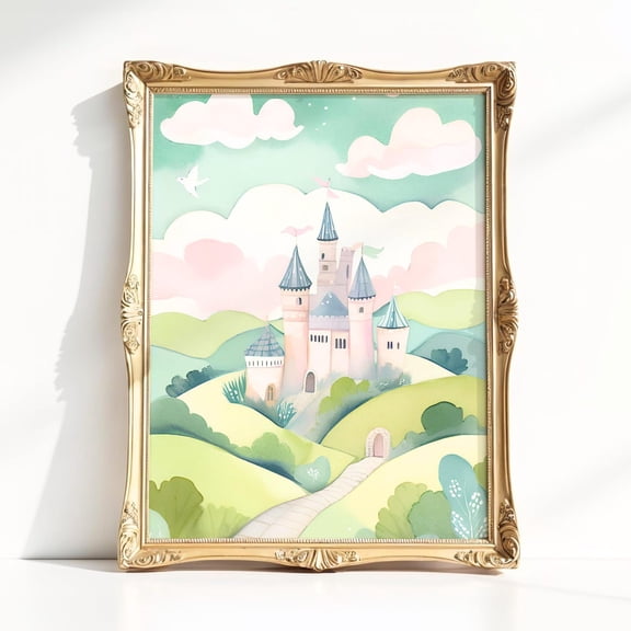 Fairytale Castle Nursery Wall Art, Fantasy Princess Art For Girls Playroom, Whimsical Magical Poster For Bedroom, Unframed Poster Size 12x18