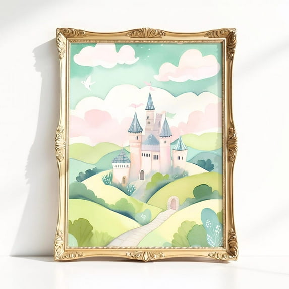 Fairytale Castle Nursery Wall Art, Fantasy Princess Art For Girls Playroom, Whimsical Magical Poster For Bedroom, Unframed Poster Size 24x36