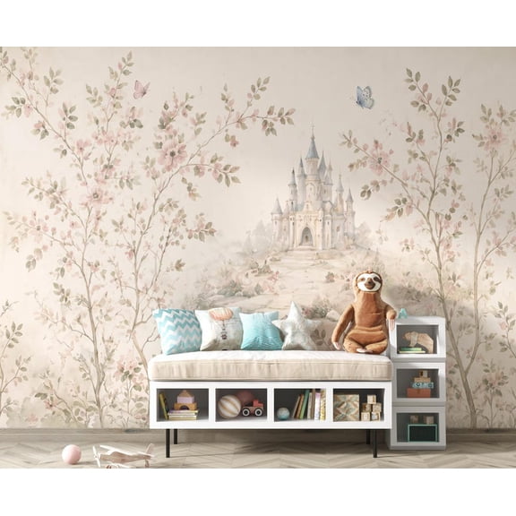 Fairytale Castle Peel and Stick Wallpaper Mural, Removable Watercolor Princess Wall Mural for Nursery Girls Bedroom Playroom, Pastel Storybook Wall Decor