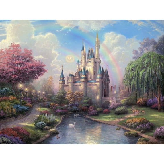 Fairytale Castle Rainbow Colorful Trees And Bushes Lake Edible Cake Topper Image ABPID00210V2
