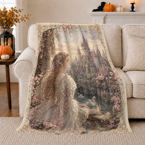 Fairytale Castle Swan Flannel Blanket for Couch Sofa Bed, Romantic Princess Scene Home Decor for Women Men, Fantasy Gift for Birthday Holiday Reading Lounge Room