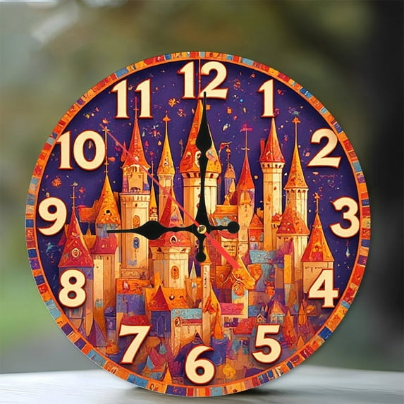 Fairytale Castle Wall Clock Fantasy Art 10-Inch Silent Wooden Wall Clock, Battery Operated (AA Batteries Not Included), Artistic Home Decor