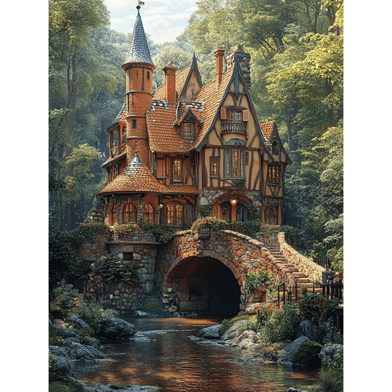 Fairytale Cottage River House Canvas Print/Wall Art， Perfect for Living Room， Bedroom， Bathroom， Office， and Hallway Decoration.