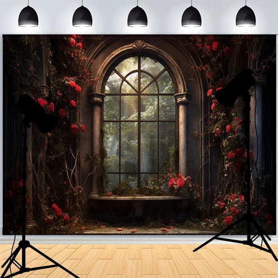 Fairytale Fantasy Photography Backdrops Window With Bunch Flowers Snowfall Winter Pathway Photo Studio Background FA-03