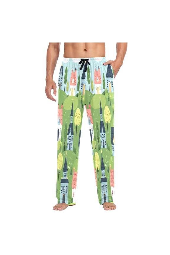 Fairytale House Scene Mens Cotton Pajama Pants Long Staple Lightweight Sleep Bottoms with Pockets Breathable