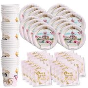 Fairytale Princess Party Supplies - Girl Birthday Party - Tableware Set Includes Plates Napkins Cups - Kit for 16