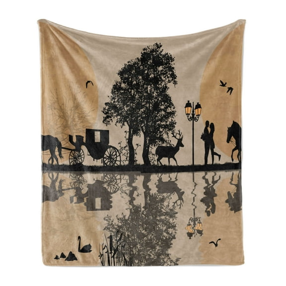 Fairytale Soft Flannel Fleece Throw Blanket, Cinderella Tale Horse Carriage Full Moon Dreamy Scene in Silhouette Style, Cozy Plush for Indoor and Outdoor Use, 60" x 80", Black and Beige, by Ambesonne