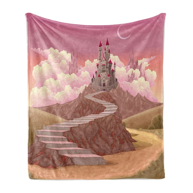 Fairytale Soft Flannel Fleece Throw Blanket, Princess and Castle Cartoon Like Image on the Hill Sunset Image Art Print, Cozy Plush for Indoor and Outdoor Use, 50" x 70", Multicolor, by Ambesonne