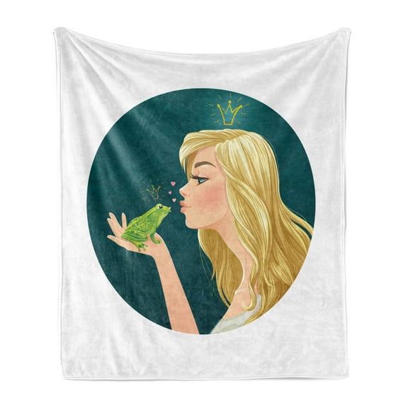 Fairytale Soft Flannel Fleece Throw Blanket, Princess Kisses the Frog in Round Frame Romance Cartoon Nursery, Cozy Plush for Indoor and Outdoor Use, 70" x 90", Multicolor, by Ambesonne
