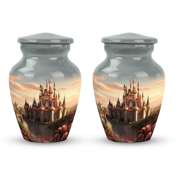 Fairytale Twilight Castle Amidst Blossoms - Urns For Ashes Adult - Graceful Departure Ashes Urn - Sophisticated Urn for Adult Remembrance - Timeless Memorial - 3 Inch, Set Of 2