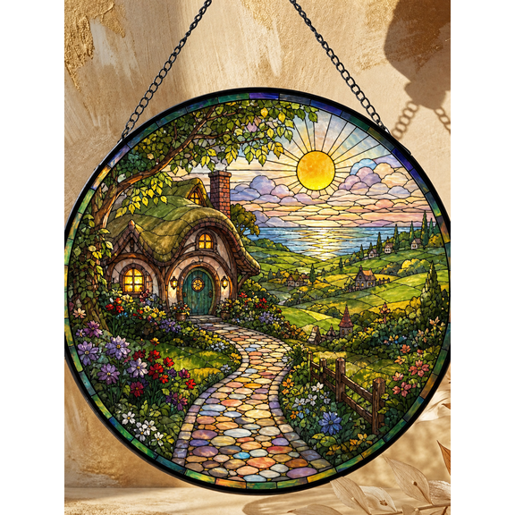 Fairytale Village Suncatcher Window Hanging, Stained Glass Cottage Meadow Scene