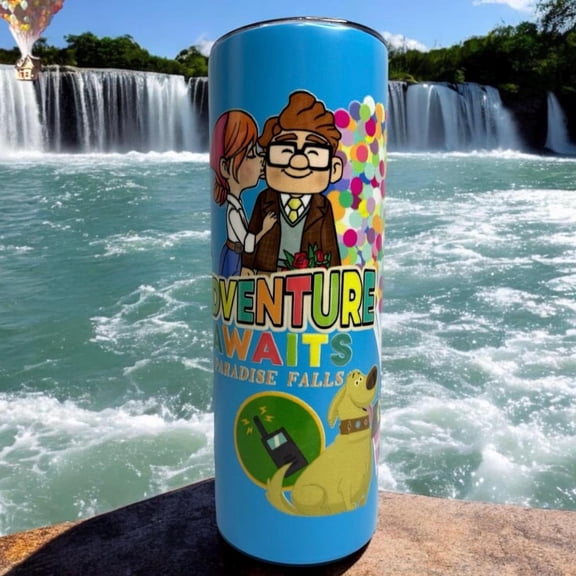 Fairytales Up, Adventure Couple 20 oz Skinny Tumbler, Travel Cup, Hot and Cold, Theme Park, Theme Park, Retro, Stainless Steel