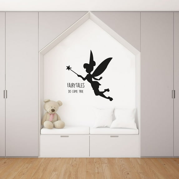 Fairytales Do Come True Quote - Cute Little Tinkerbell Silhouette - Peter Pan Disney Quotes Vinyl Wall Art Wall Decal Wall Sticker Home Decoration Design Kids Girls Room Wall Décor Size (10x10 inch)
