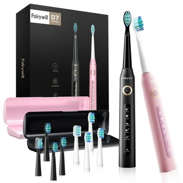 Fairywill 2Packs Electric Toothbrush for Adult,Sonic Toothbrushs Set with 2 Travel Case 5 Modes 8 Replaceable Heads 2 Minutes Smart Timer IPX7 Waterproof,Black & Pink