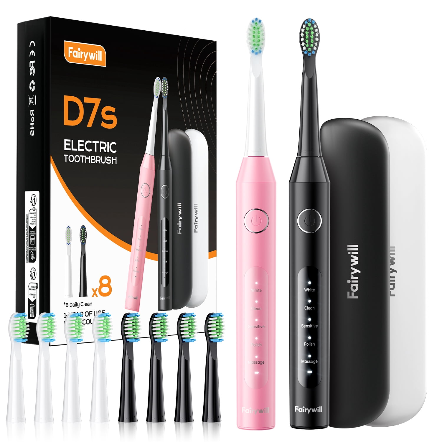Fairywill Electric Toothbrush for Adults,Dual Pack with Travel Case 60 Day Battery Sonic Toothbrush,47,000 VPM 5 Modes IPX7 Waterproof 8 Brush Heads for Couples Family,Black & Pink