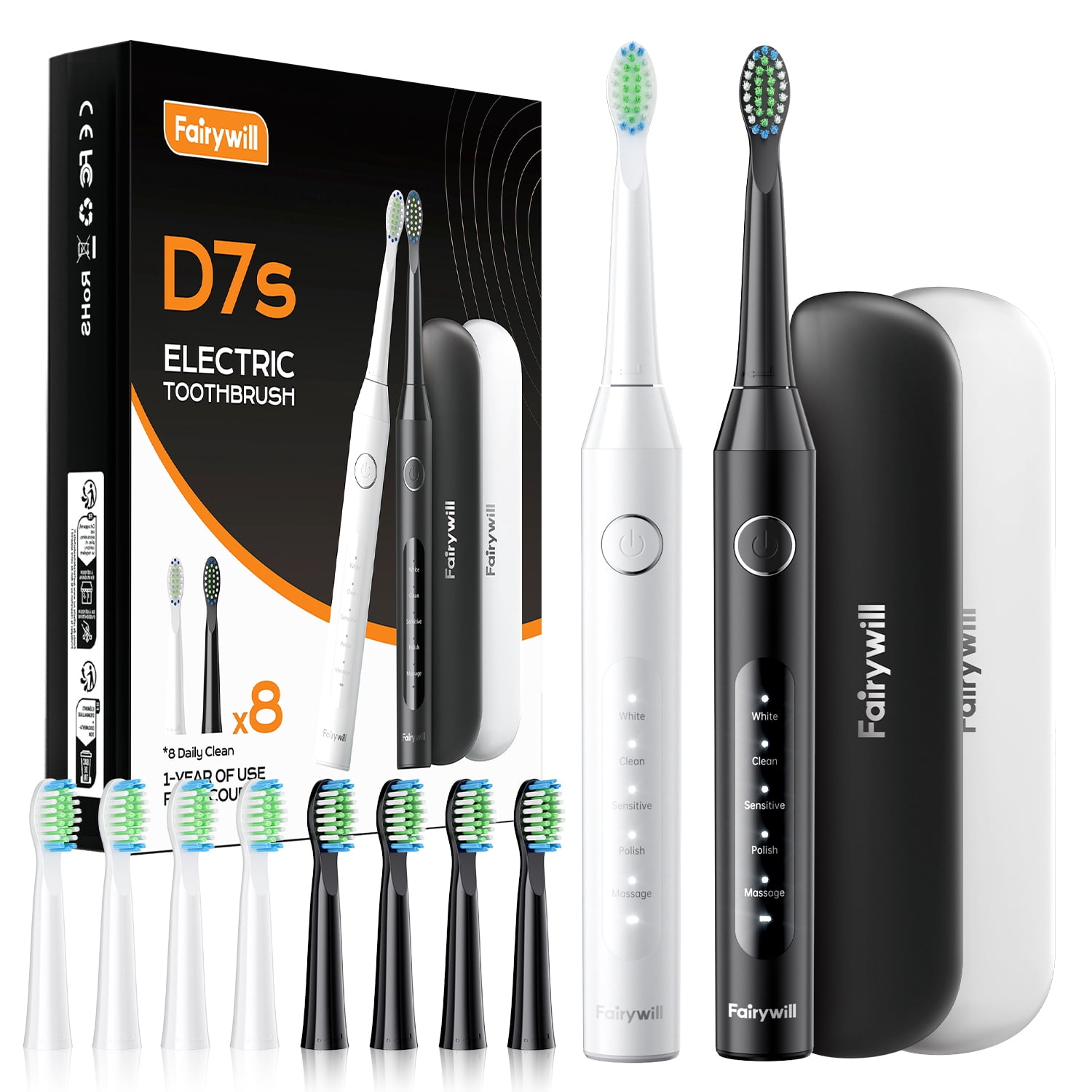 Fairywill Electric Toothbrush for Adults,Dual Pack with Travel Case 60 Day Battery Sonic Toothbrush,47,000 VPM 5 Modes IPX7 Waterproof 8 Brush Heads for Couples Family,Black & White