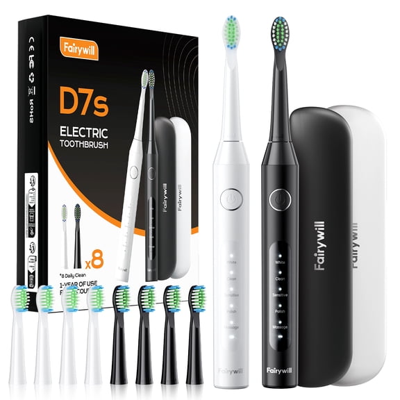 Fairywill D7s Electric Toothbrush for Adults,Dual Pack with Travel Case 60 Day Battery Sonic Toothbrush,47,000 VPM 5 Modes IPX7 Waterproof 8 Brush Heads for Couples Family,Black & White