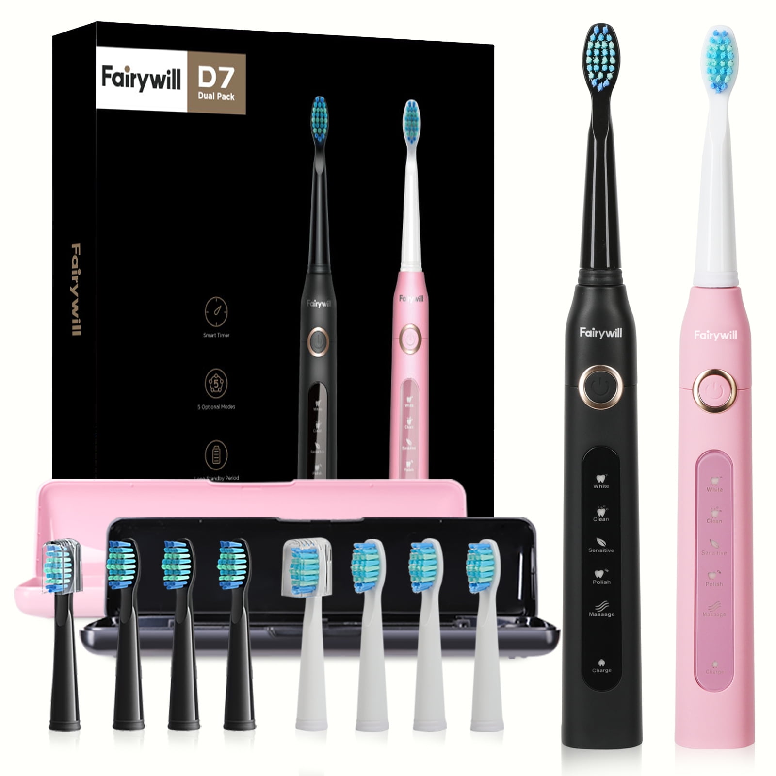 Fairywill 2Packs Electric Toothbrush for Adult,Sonic Toothbrushs Set with 2 Travel Case 5 Modes 8 Replaceable Heads 2 Minutes Smart Timer IPX7 Waterproof,Black & Pink