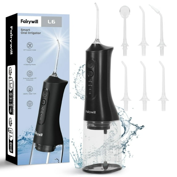 Fairywill Cordless Water Flosser, Dental Oral Irrigator 300ML Electric Teeth Cleaner, 4 Modes, 50 Days Use, IPX7 Waterproof, 6 Tips Rechargeable Water Dental Picks for Teeth Cleaning, Black