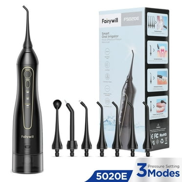 Fairywill Cordless Water Flosser, Dental Oral Irrigator Teeth Cleaner with 300ML 7 Jet Tips Portable and Rechargeable IPX7 Waterproof 3 Modes , Electric Flosser for Travel & Home Black