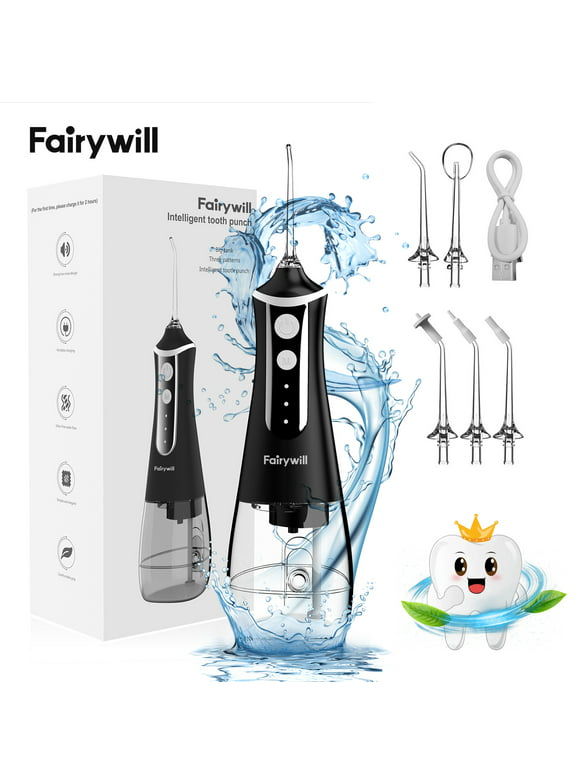 Fairywill Cordless Water Flosser, Portable Oral Irrigator Teeth Cleaner with 5 Modes, 300ML Rechargeable Electric Oral Hygiene Flossing for Travel & Home, Black