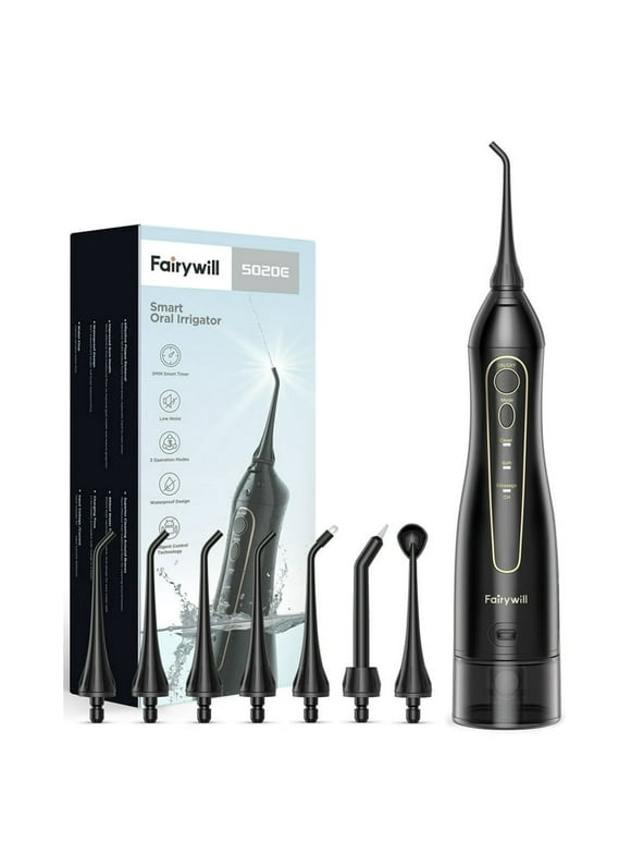 Fairywill Cordless Water Flosser with 8 Jet Tips, Portable Oral Irrigator Electric Teeth Cleaner for Brace Care,3 Modes, Black