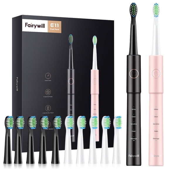 Fairywill E11 Electric Toothbrush for Adults, Sonic Dual Pack with 10 Brush Heads, 40,000 VPM, 5 Modes & 2-Min Smart Timer, IPX7 Waterproof,Perfect Family Gift Set,Black & Pink