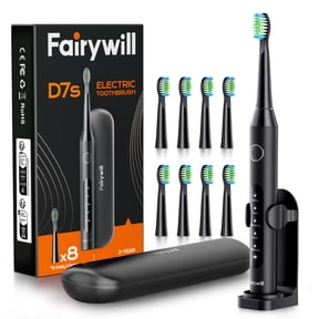 Fairywill Sonic Electric Toothbrush for Adults and Kids, Rechargeable Kit with 8 Dupont Brush Heads & Travel Case, 47000 VPM, 5 Modes, Fast Charge, 60-Day Battery, IPX7 Waterproof, Black