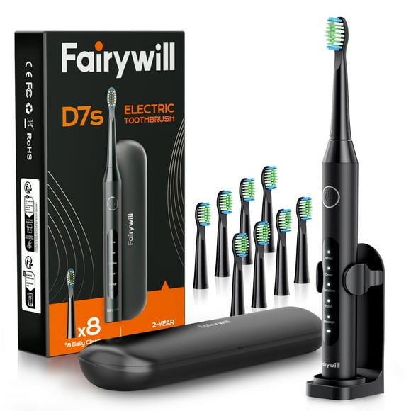 Fairywill D7s Electric Toothbrush,Sonic Toothbrush for Adults,8pcs Dupont Brush Heads with Travel Covers and Electric Toothbrush Holder,Black