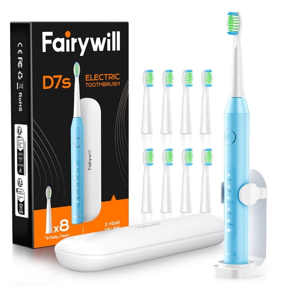 Fairywill Sonic Electric Toothbrush for Adults and Kids, Rechargeable Kit with 8 Dupont Brush Heads & Travel Case, 47000 VPM, 5 Modes, Fast Charge, 60-Day Battery, IPX7 Waterproof, Blue